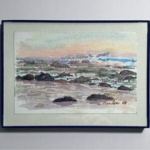 CHRISTINE HANLON Watercolor / ‘SUNSET AND LOW TIDE’ / 4x6 Inches / BEACH & ROCKS